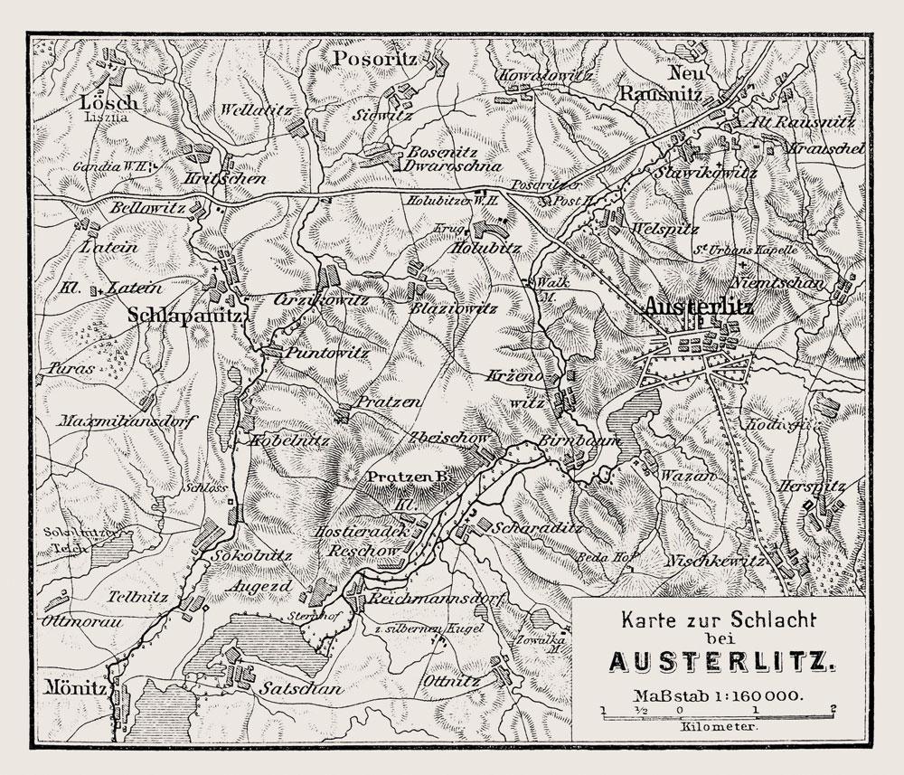Kaart van de slag bij Austerlitz. De keizer koos dit terrein uit voor de beslissende confrontatie. Het maakte integraal deel uit van zijn strategie.