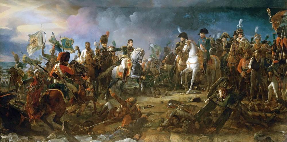 François Gérard, Napoleon op de slag bij Austerlitz, 1805. In de linker bovenhoek zie je de beroemd geworden 'soleil d'Austerlitz' door het wolkendek breken.