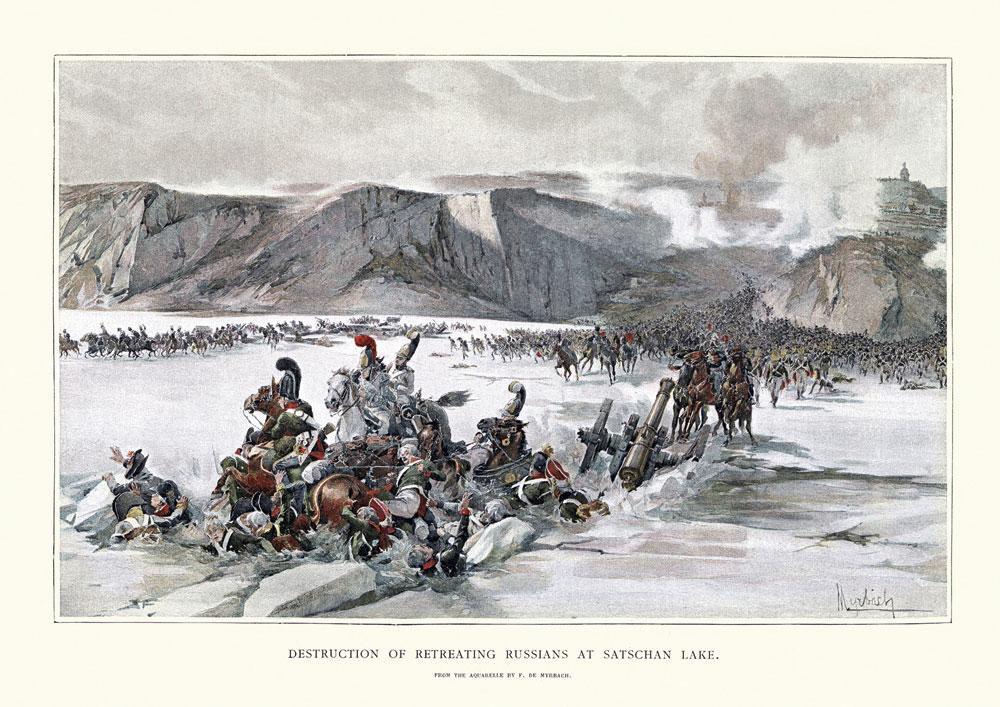 Toen de Russen over de bevroren meertjes wegvluchtten, deden de Fransen met kanonschoten het ijs barsten. Er verdronken 2000 soldaten.