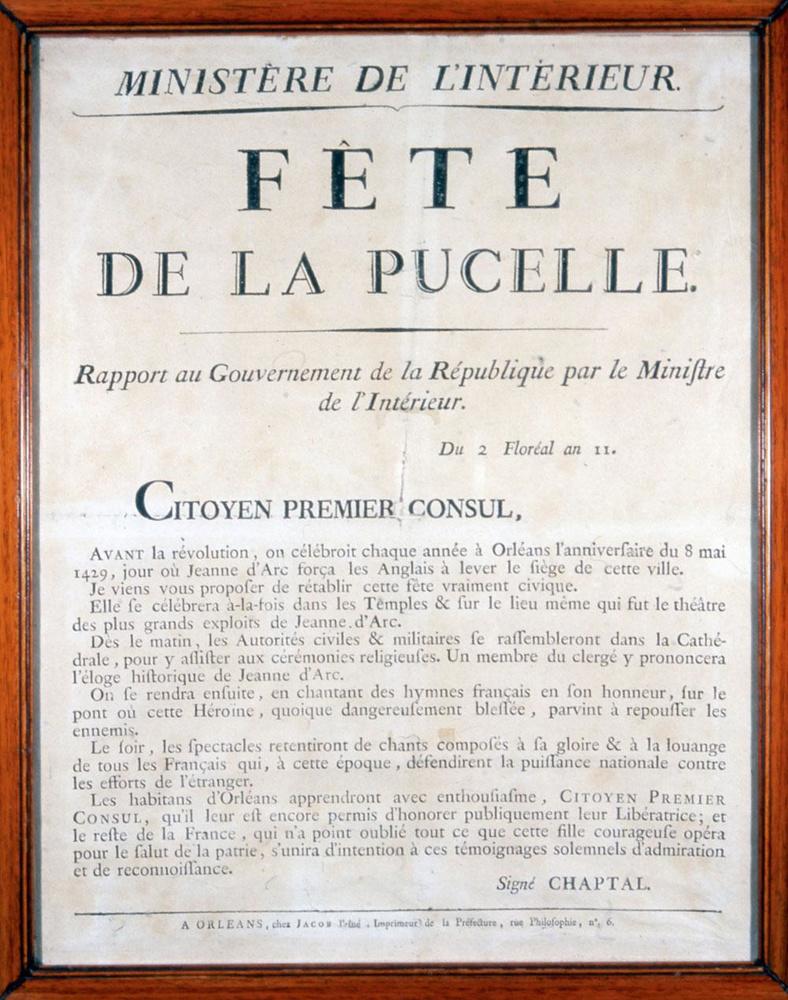 Deze brief uit 1803 bevat de toestemming van minister Chaptal om in Orléans een feest ter ere van Jeanne d'Arc te organiseren.
