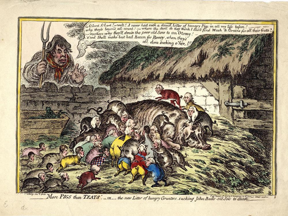 James Gilray, More Pigs Than Teats, 1806. Spotprent over de Britse belastingdruk, die drieënhalf keer zo groot was als in het Franse keizerrijk.