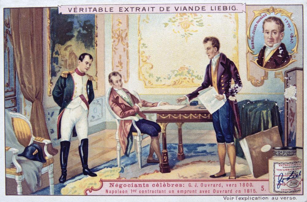 Napoleon onderhandelt met Gabriel Julien Ouvrard over een lening, 1815. Over zakenlui als Ouvrard zei Napoleon dat ze geen vaderland hadden.