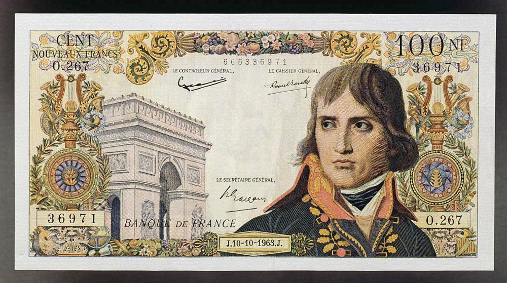 De beeltenis van Napoleon, de man die niet hield van zaken en geld, prijkte in de 20ste eeuw op dit biljet van 100 Franse frank.