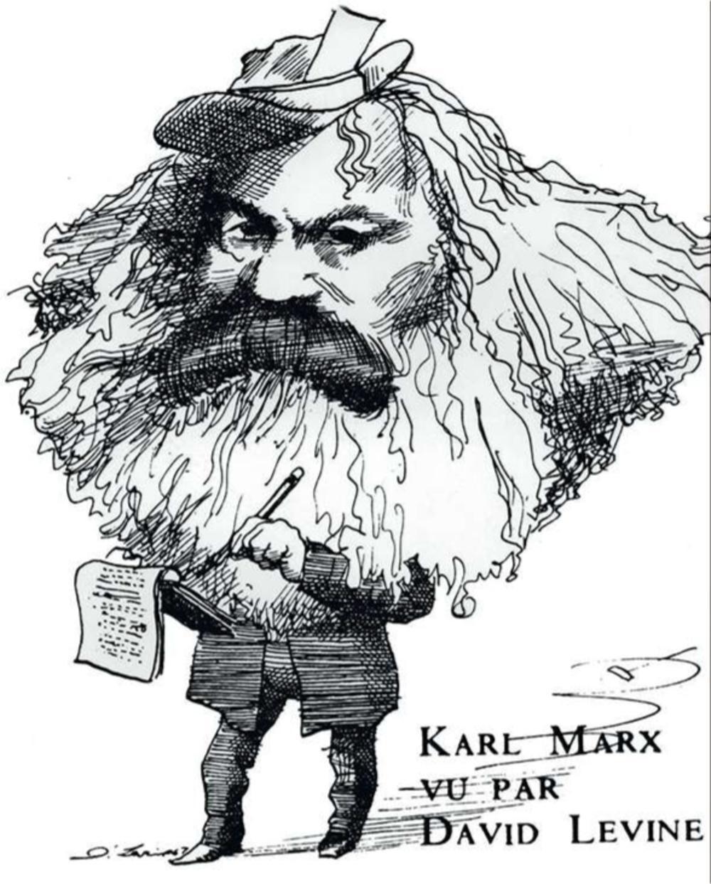 Door bijzaken geboeid Marx is een tomeloze werker, maar raakt snel op zijpaden waardoor zijn scheppingskracht nogal eens verlamt. Zijn karakteristieke kop blijft inspiratie voor karikaturisten, zoals David Levine (1926-2009) bewijst.