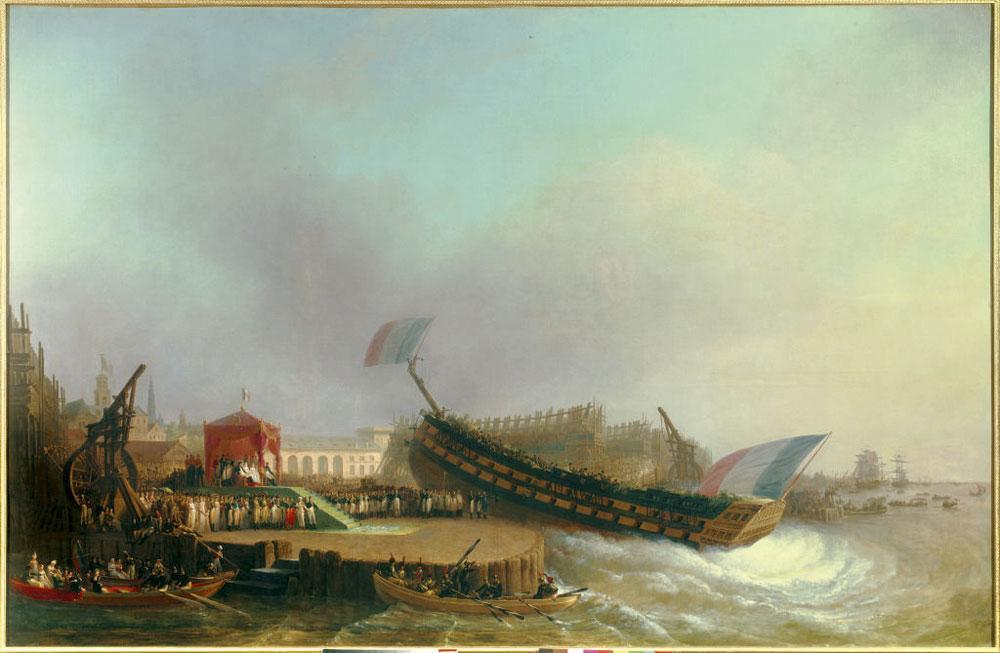 Mathieu-Ignace van Bree, Napoleon en Marie-Louise bij de tewaterlating van de Friedland, 2 mei 1810, 1810. Het grandioze schip bleef nadien echter meestal in de dokken liggen.