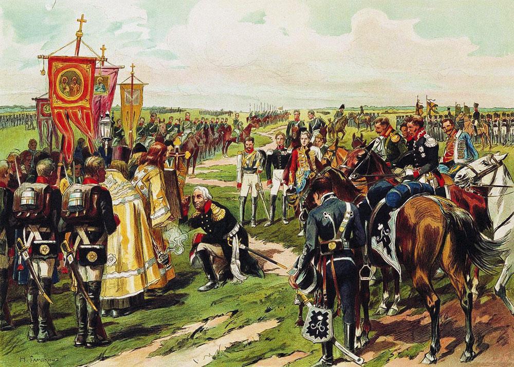 Nikolai Semyonovich, Maarschalk Koetoezov voor de slag bij Borodino, 1912. Op 7 september 1812 kwamen hier tussen zonsopgang en zonsondergang 74.000 soldaten om.