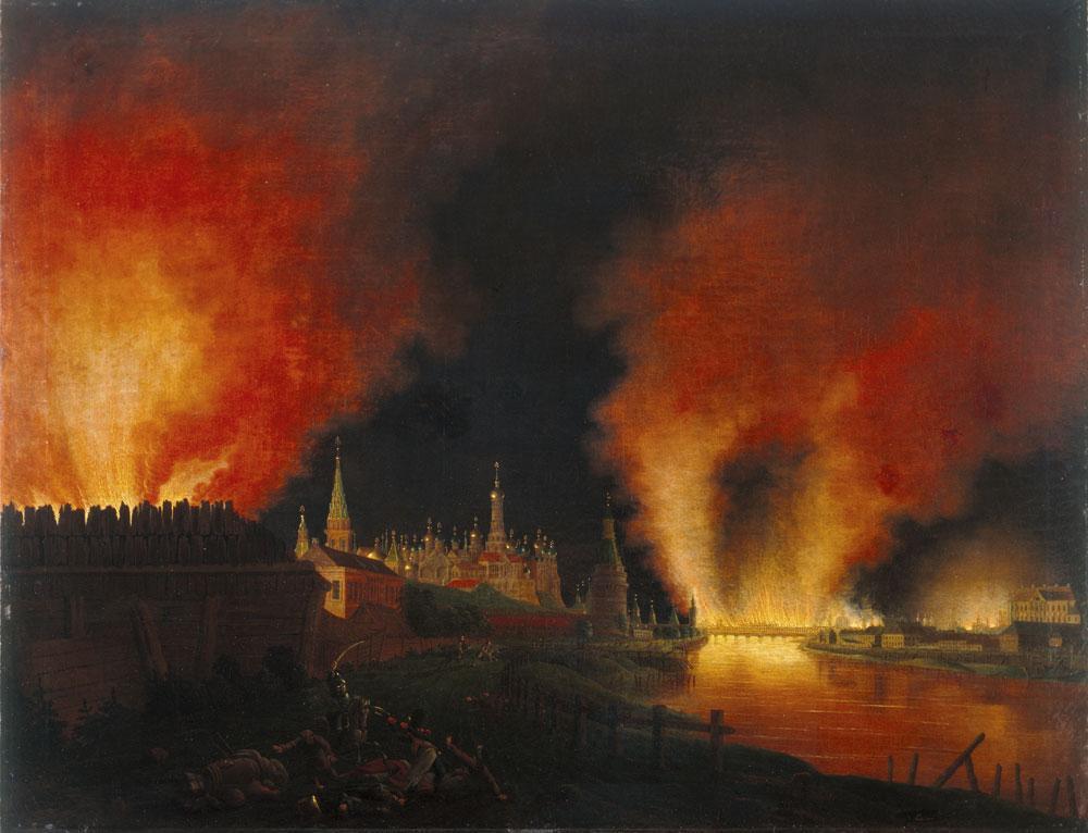 Johann Christian Oldendorp, De brand van Moskou in september 1812. Russische elite-eenheden staken de stad in brand en schoven de schuld in Franse schoenen.
