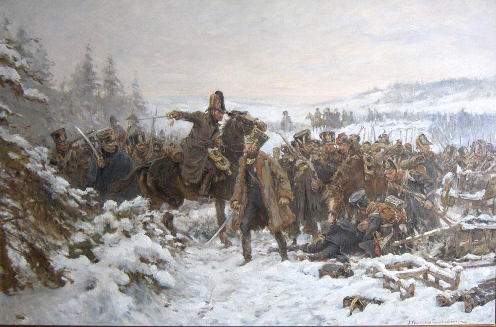 Jan Hoynck van Papendrecht, Franse troepen bij de Berezina, 1912. Na een driedaagse operatie wist Napoleon de restanten van de Grande Armée over de rivier te krijgen.