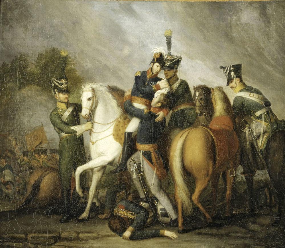 Jean de Landtsheer, Willem II, koning der Nederlanden, gewond in de slag bij Waterloo, 1815. De latere koning nam de jonge soldaten op sleeptouw maar kreeg een kogel in de schouder.