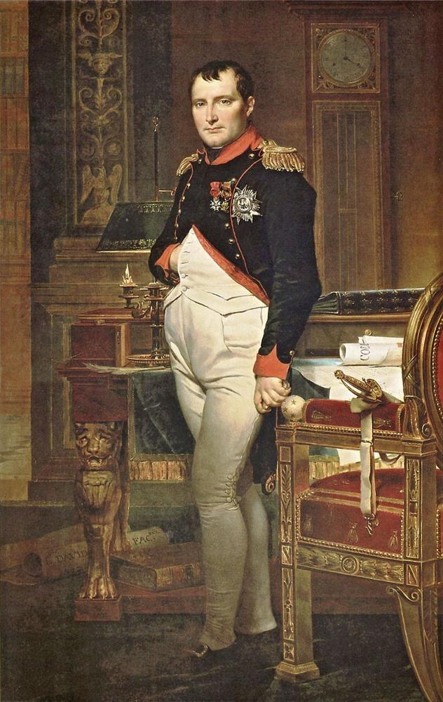 Dit portret van Jacques-Louis David toont de keizer in zijn klassieke pose: met de rechterhand tussen de knopen van zijn gilet. De waarheid is dat veel mannen er in die tijd zo bij liepen.