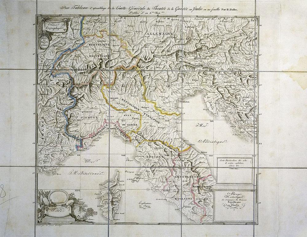 Reliëfkaart uit 1802 gemaakt door Louis Albert Bacler D'Albe, die aan het hoofd stond van een reeks geografen, topografen en aardrijkskundigen die in opdracht van Napoleon kaarten ontwierpen.