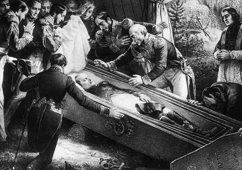 Een priester en een groep Engelse officieren verzamelen zich rond de doodskist van Napoleon. In 2007 werden sporen van arsenicum op zijn haren gevonden.