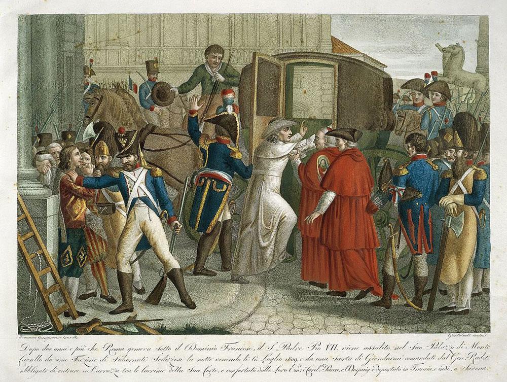 Paus Pius VII wordt gevangengenomen en afgevoerd, nadat hij Napoleon heeft geëxcommuniceerd. Napoleon zou uiteindelijk als katholiek sterven.