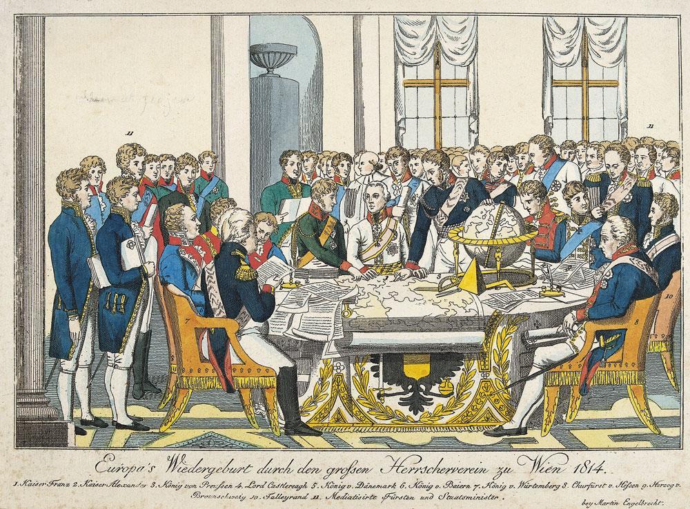 Beeld van de Europese staatshoofden op het Congres van Wenen (1815), waar Frankrijk door Talleyrand werd vertegenwoordigd.