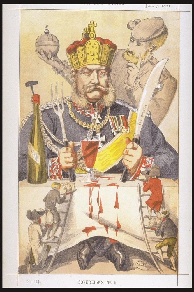 Britse spotprent van Wilhelm I (1797-1888), die als Pruisische koning de eenmaking van Duitsland realiseerde en keizer werd.