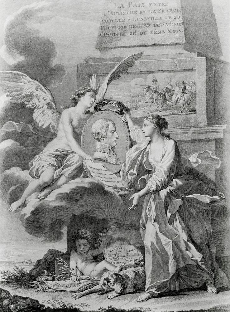 Allegorie op de Vrede van Lunéville, waarbij Oostenrijk de Franse annexatie van België en Nederland erkende.