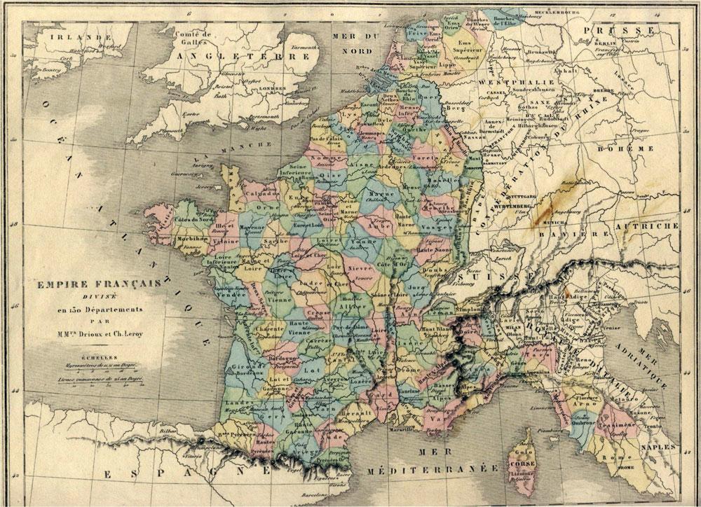 Deze kaart uit het napoleontische tijdperk toont de opdeling van de Nederlanden in Franse departementen. Deze departementen waren er in 1803 niet te best aan toe.