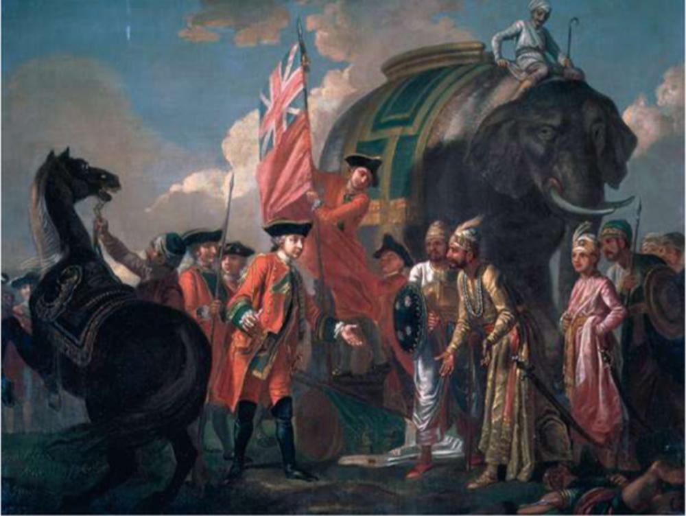 Francis Hayman vervaardigde in 1760 een kolossaal olieverfschilderij, met als titel Robert Clive and Mir Jafar after the Battle of Plassey, 1757. (National Portrait Gallery, Londen)