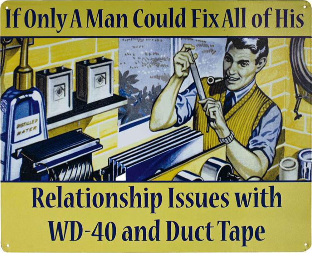 Reclame voor duct tape in de jaren vijftig: kon een man ook maar al zijn problemen met zijn vrouw repareren met WD40 (een kruipolie) en duct tape (vrij vertaald).