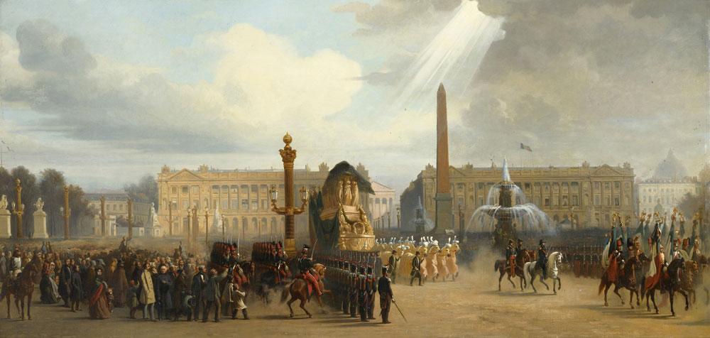 Dit schilderij van Guiaud Jacques toont hoe de lijkwagen met Napoleons as op 15 december 1840, bijna twintig jaar na zijn dood, over de Place de la Concorde rijdt. Zijn wens om aan de oevers van de Seine te worden begraven, werd echter niet ingewilligd.