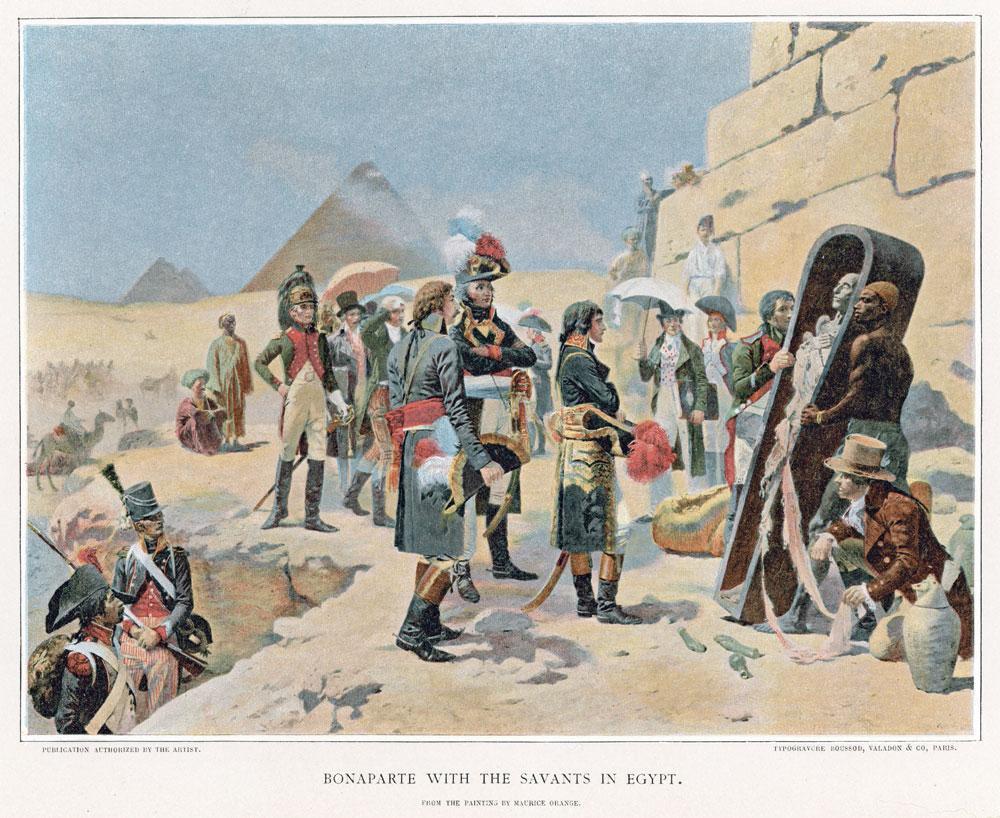 Bonaparte met geleerden in Egypte, naar een schilderij van Maurice D'Orange. De krant La Décade berichtte over de wetenschappelijke en archeologische ontdekkingen van de meegereisde wetenschappers.