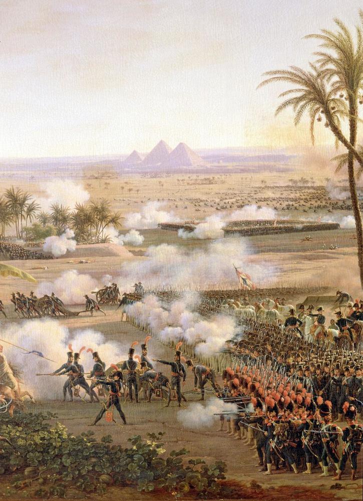 Louis Lejeune, De slag bij de piramiden op 21 juli 1789, 1806 (detail). Napoleon voor de slag tot zijn troepen: 'Denk erom dat vanaf de top van deze piramiden veertig eeuwen geschiedenis op u neerkijken.'