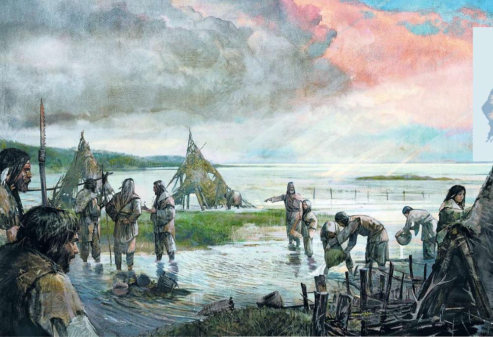 Klimaatslachtoffers Bewoners van Doggerland, zo'n 8000 jaar geleden, voor een vloedgolf hun land van de kaart veegde.
