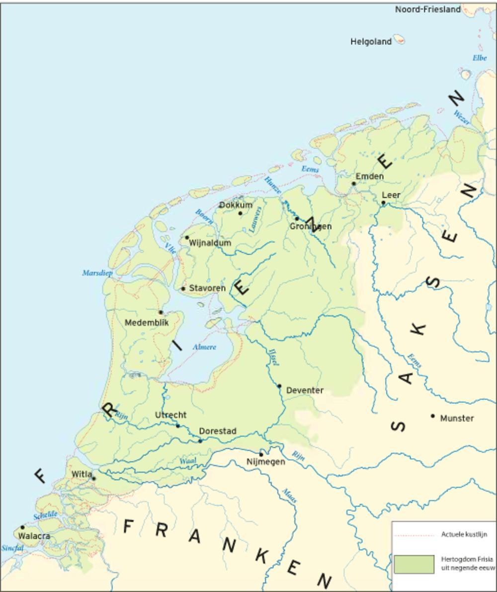 Het gebied van de Friezen tijdens de grootste uitbreiding, in de Vroege Middeleeuwen (Kaart Kerst Huisman).