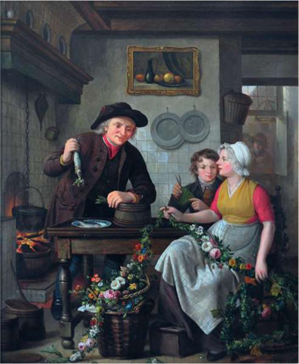 Voorbereidingen voor de verkoop van nieuwe haring. De haringhandelaar bevestigt een haring aan een bloemenkroon. Op de achtergrond buiten hangt al zo'n kroon die aankondigt dat er nieuwe haring te koop is. Olie op paneel door Adriaan de Lelie en Willem van Leen, 1815. (Museum Vlaardingen)
