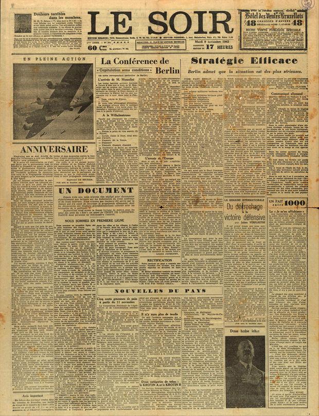 De krant lijkt echt: een gelijkaardige lay-out, een zelfde formaat en identiek papier... Maar het is 'Le faux Soir, de clandestiene editie van de krant, uitgegeven door het verzet op 09 november 1943.