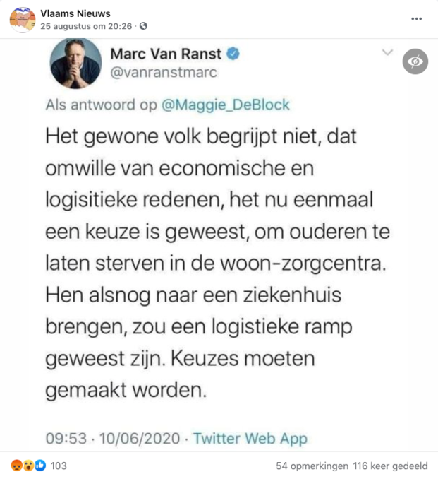 Factcheck: Nee, de tweet over ouderen in woonzorgcentra was niét van Marc Van Ranst