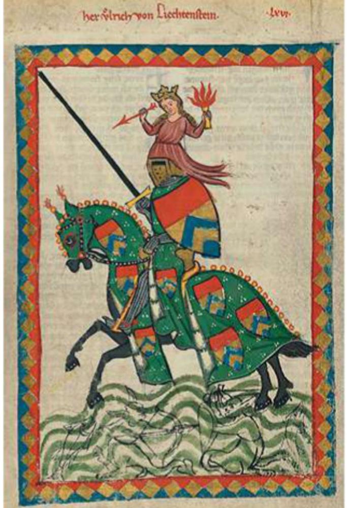 Ridder Ulrich von Liechtenstein in toernooimodus. Codex Manesse.