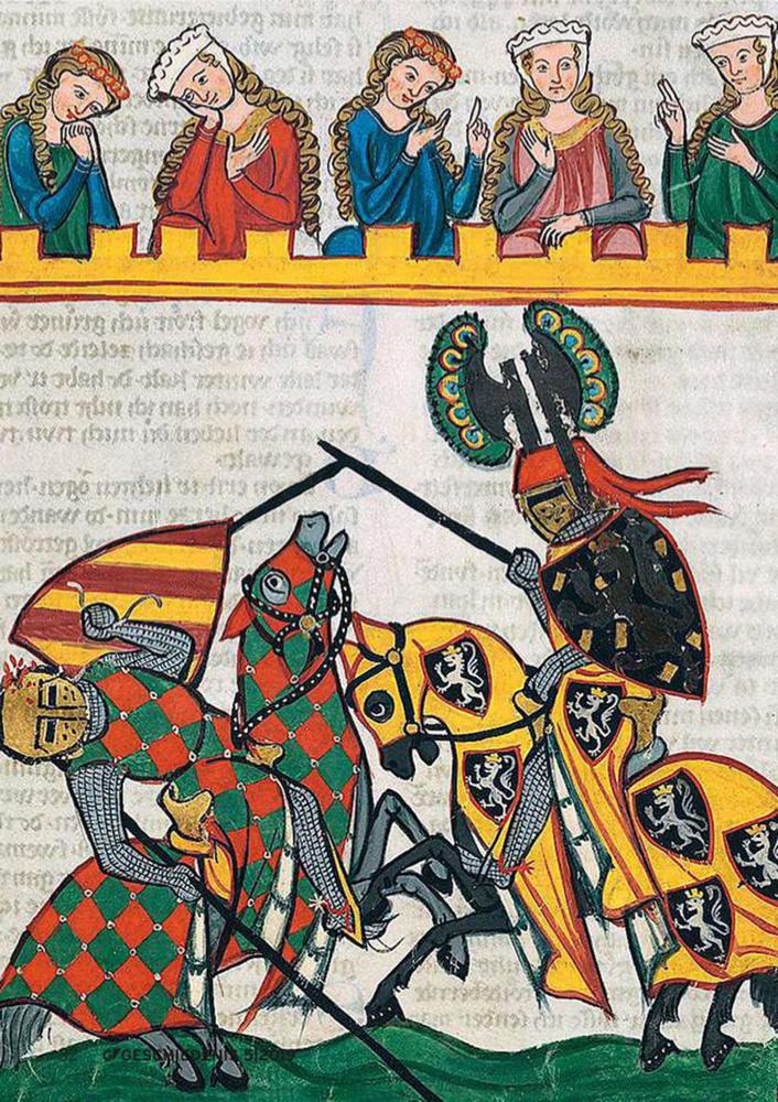 Tjost met voornaam publiek. De minnezanger Walther von Klingen in een tweegevecht. Boekverluchting uit de Codex Manesse.