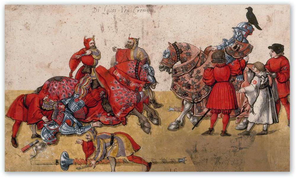 Rondtrekkende omroepers droegen soms narrenkleding. Aquarel van Lucas Cranach d. J.