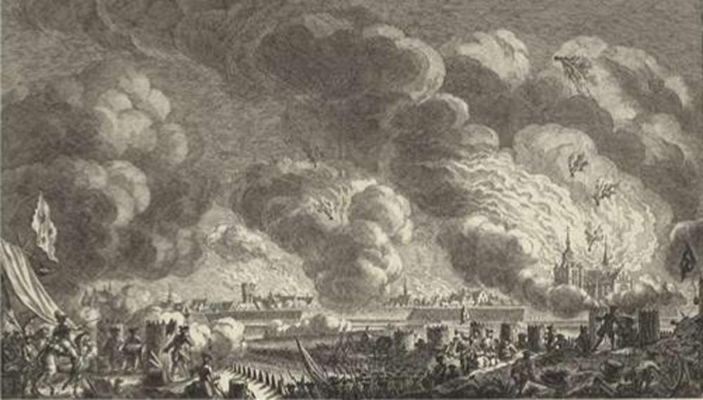 Het bombardement van Bergen op Zoom door de Fransen op 1 augustus 1747. Prent van Simon Fokke (naar een tekening van Cornelis Pronk). (Rijksmuseum, Amsterdam)