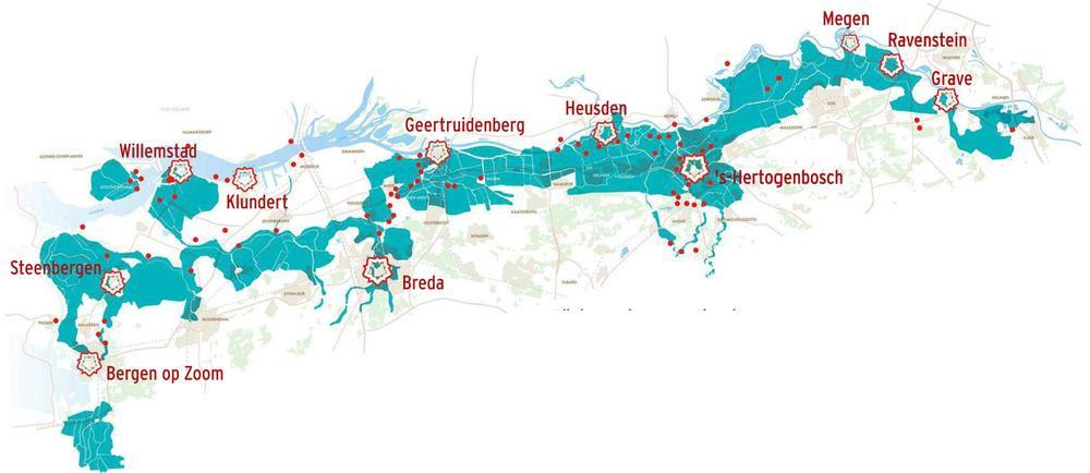 Een kaart met de elf vestingen, de 77 andere verdedigingswerken en de inundatievlakken die samen deel uitmaken van de Zuiderwaterlinie.