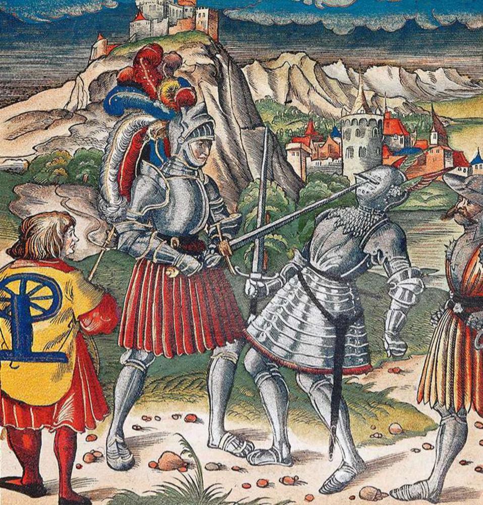 Het lange zwaard in actie Maximiliaan velt in een enkele slag zijn tegenstander. Het wapen is een lichte tweehander. Illustratie uit Theuerdank.