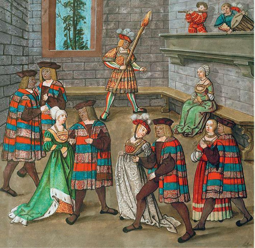 Mommenspel In de late Middeleeuwen en Renaissance behoorden tot de omlijsting van toernooien vooral bals en maskerades. Illustratie uit Freydal.