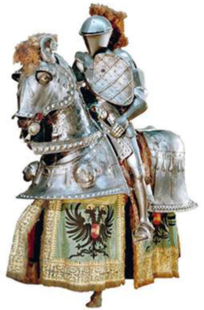 Toernooi-uitrusting zoals keizer Karel V deze droeg bij een toernooi in Valladolid in 1517. (Wapenkamer in het Koninklijk Paleis, Madrid)
