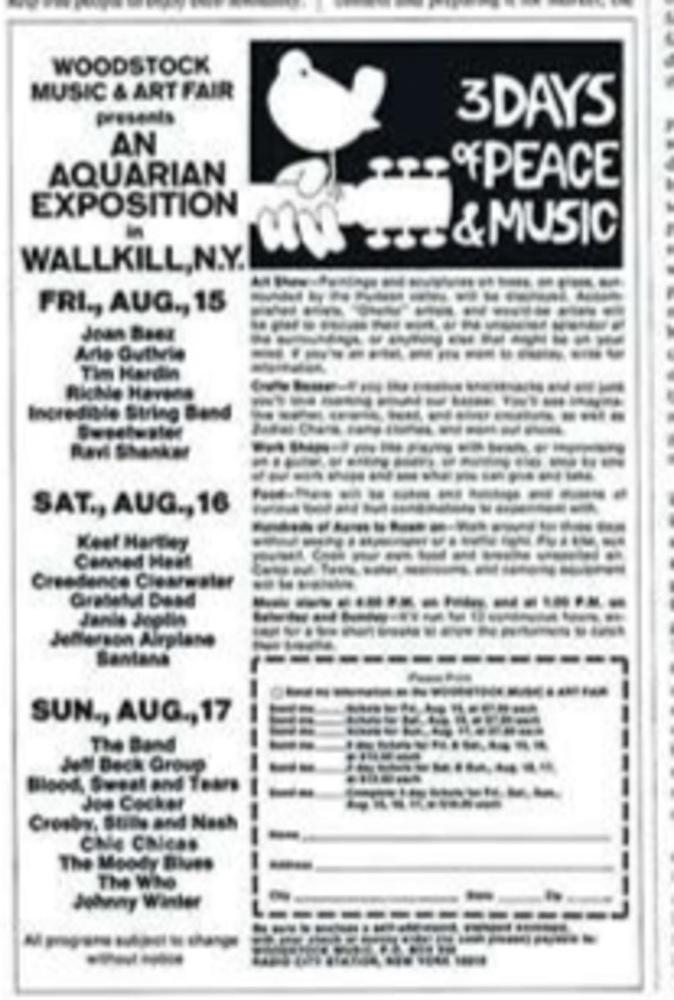 Tijdschriftadvertentie voor het Woodstock Music Festival.