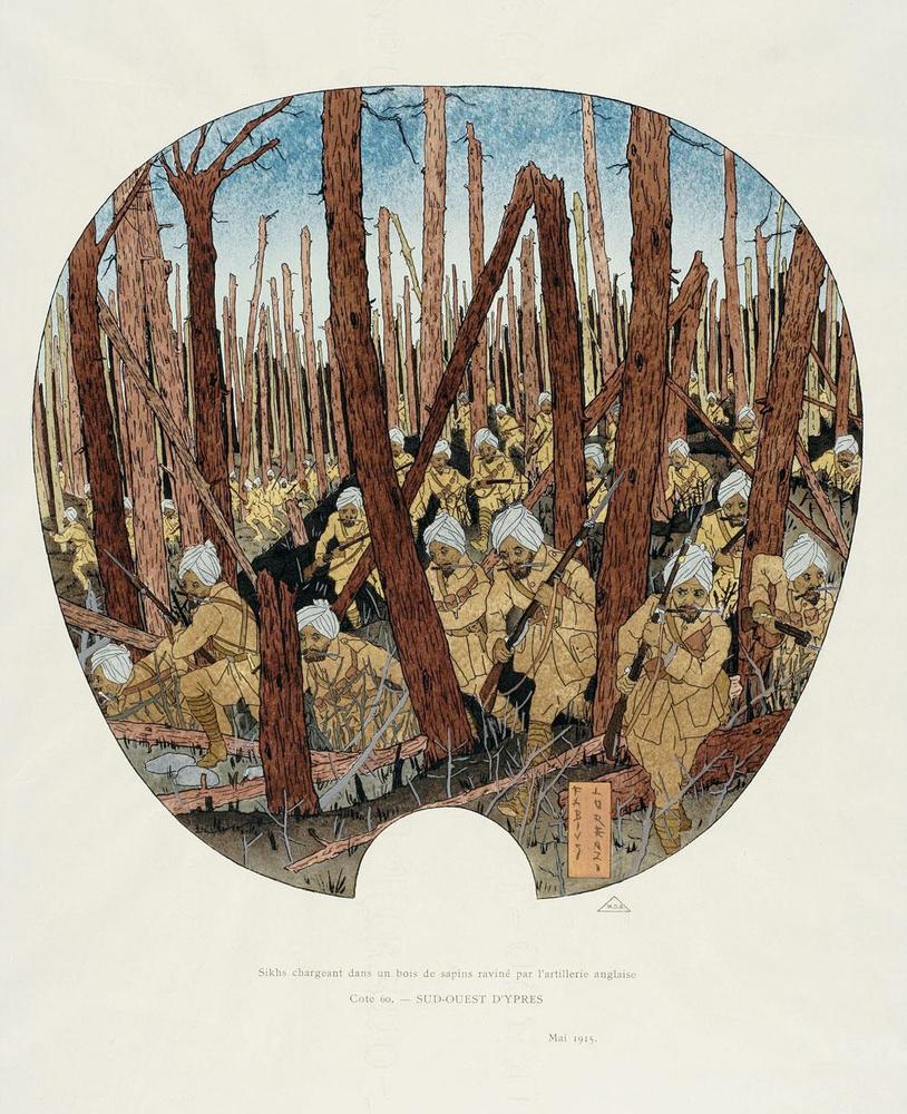 Aanvallende Sikhs in een sparrenbos ten zuidwesten van Ieper - een prent van kunstenaar Alberto Lorenzi.