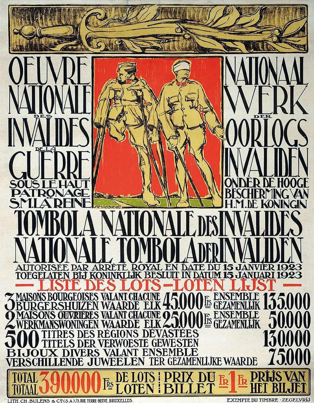 Tombola ten voordele van het in 1919 door de Belgische regering opgerichte Nationaal Werk der Oorlogsinvaliden. Deze vereniging ondersteunt de oorlogsverminkten door alle medische kosten van hun invaliditeit ten gevolge van de oorlog te vergoeden.