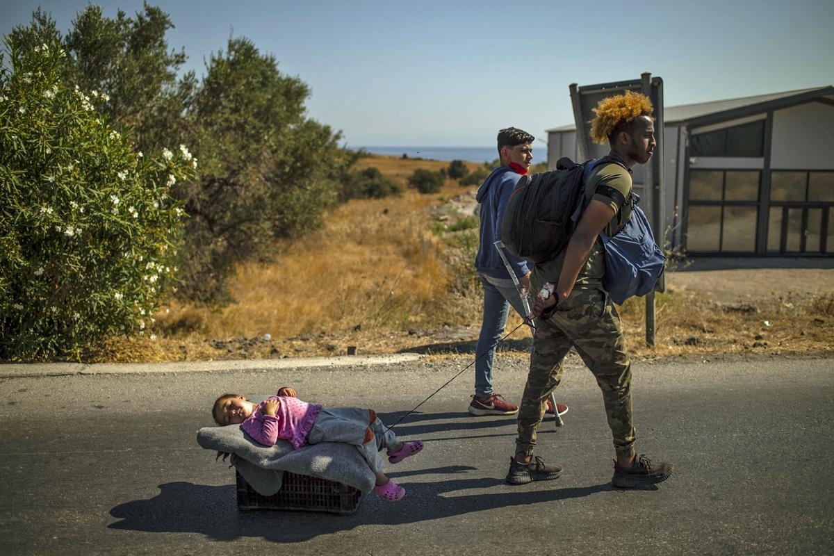 Gestrande migranten op Lesbos, 10 september 2020