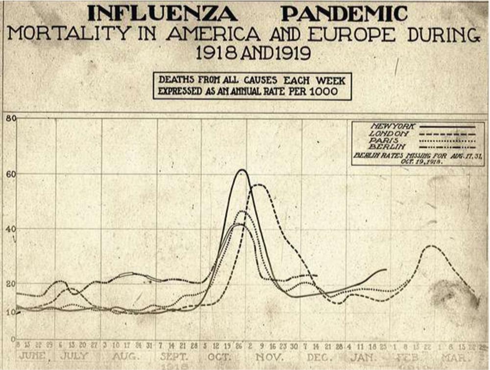 Op deze grafiek is duidelijk te zien dat pas na de mutatie van het griepvirus in augustus 1918 het dodental zowel in Europa als in de Verenigde Staten piekt in de maanden oktobernovember. 58 K N