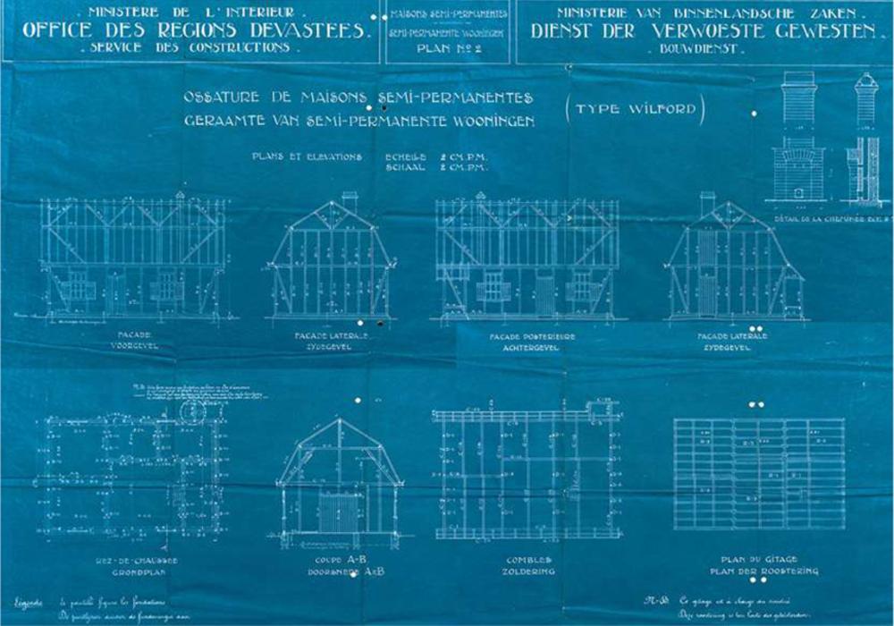 Blauwdruk van een kleine en weinig duurzame noodwoning volgens het type Wilford, ontworpen tijdens de oorlog als voorbereiding op de naoorlogse woningnood.