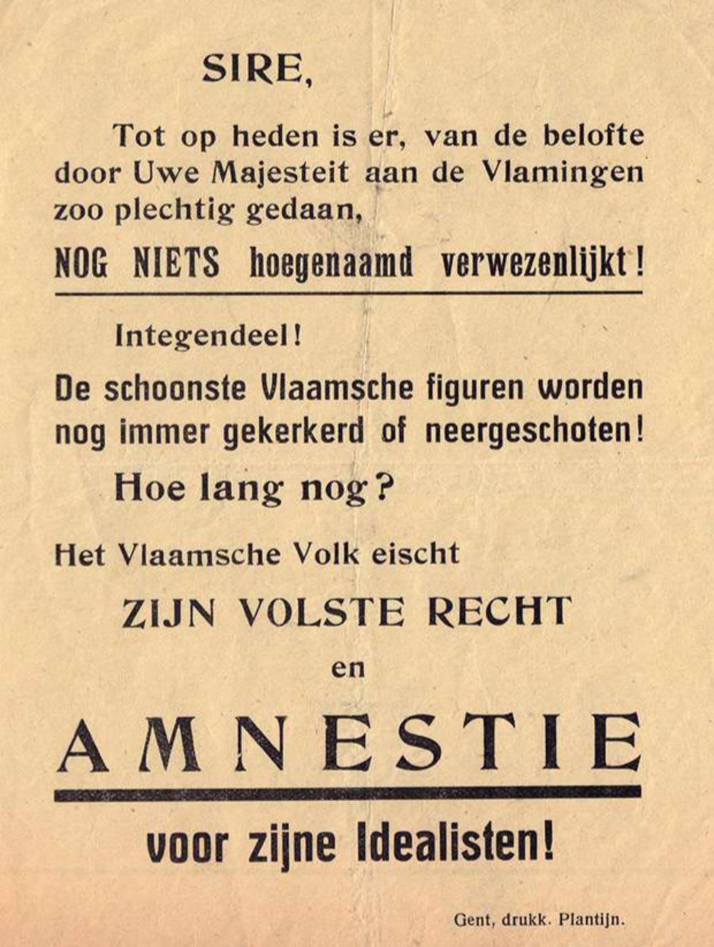 Vlaams-nationaal pamflet dat verwijst naar de 'belofte' van koning Albert in zijn rede van 22 november 1918. Die 'belofte' omvat een regeringsinitiatief voor de realisatie van een Vlaamse universiteit, maar zeker niet amnestie voor Vlaamse collaborateurs.
