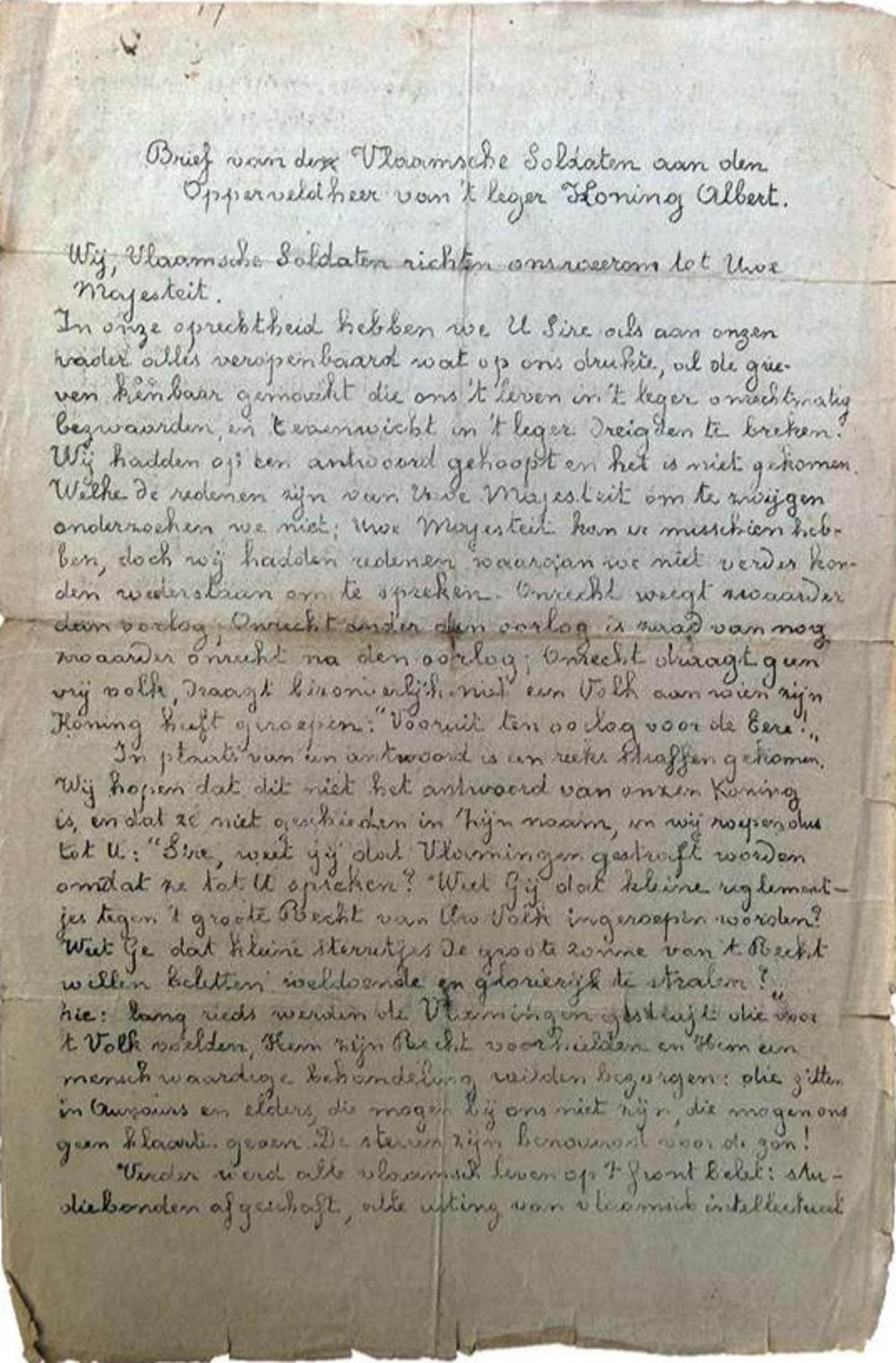 Brief die volgt op de eerste 'open brief' van de leiders van de Frontbeweging aan koning Albert waarin de wantoestanden aan het front verbonden worden met het lot van de Vlamingen in het algemeen.