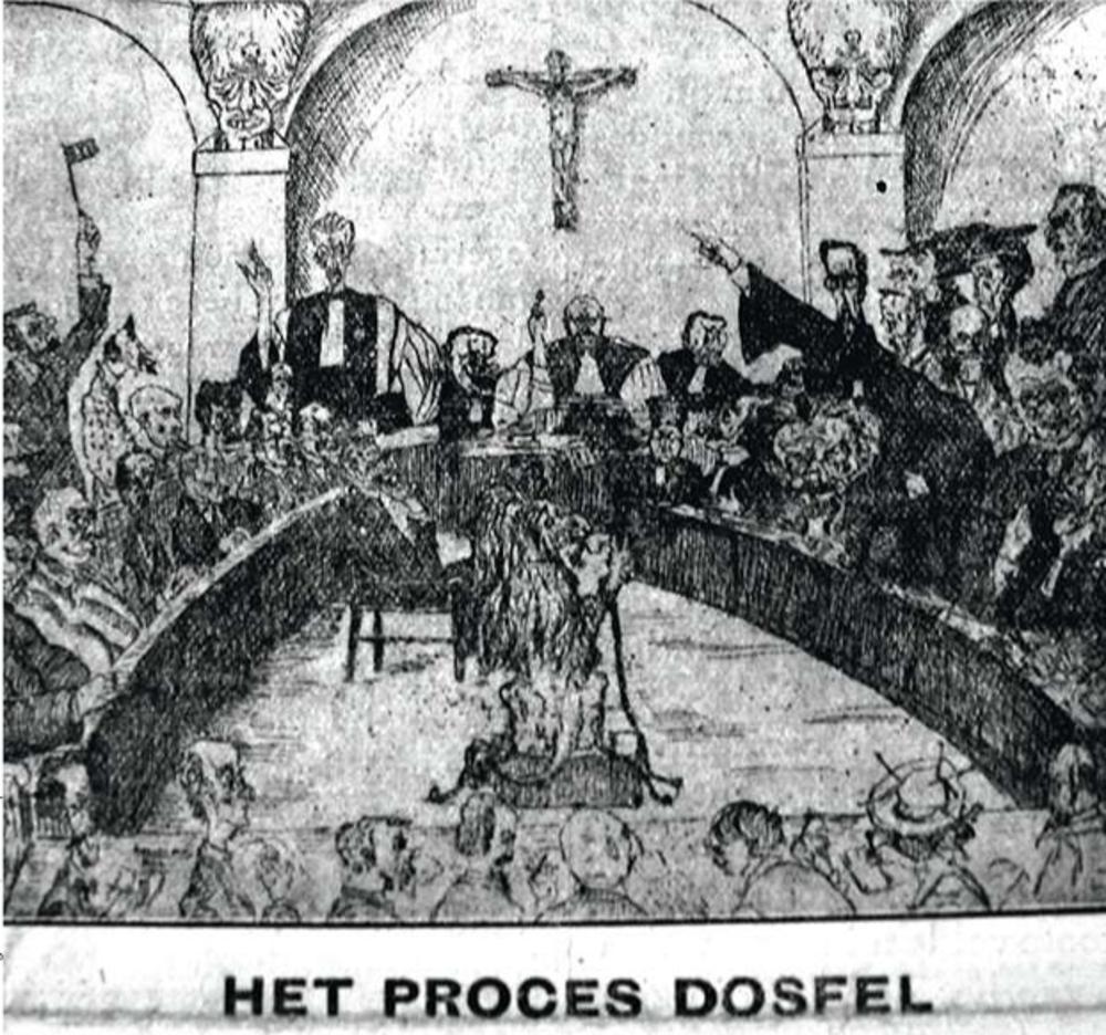 De katholieke Vlaamsgezinde politicus Frans Van Cauwelaert (rechts met uitgestoken arm) als advocaat op het proces van Lodewijk Dosfel. Nochtans had Van Cauwelaert tijdens de bezetting zich een fel tegenstander van het activisme getoond.