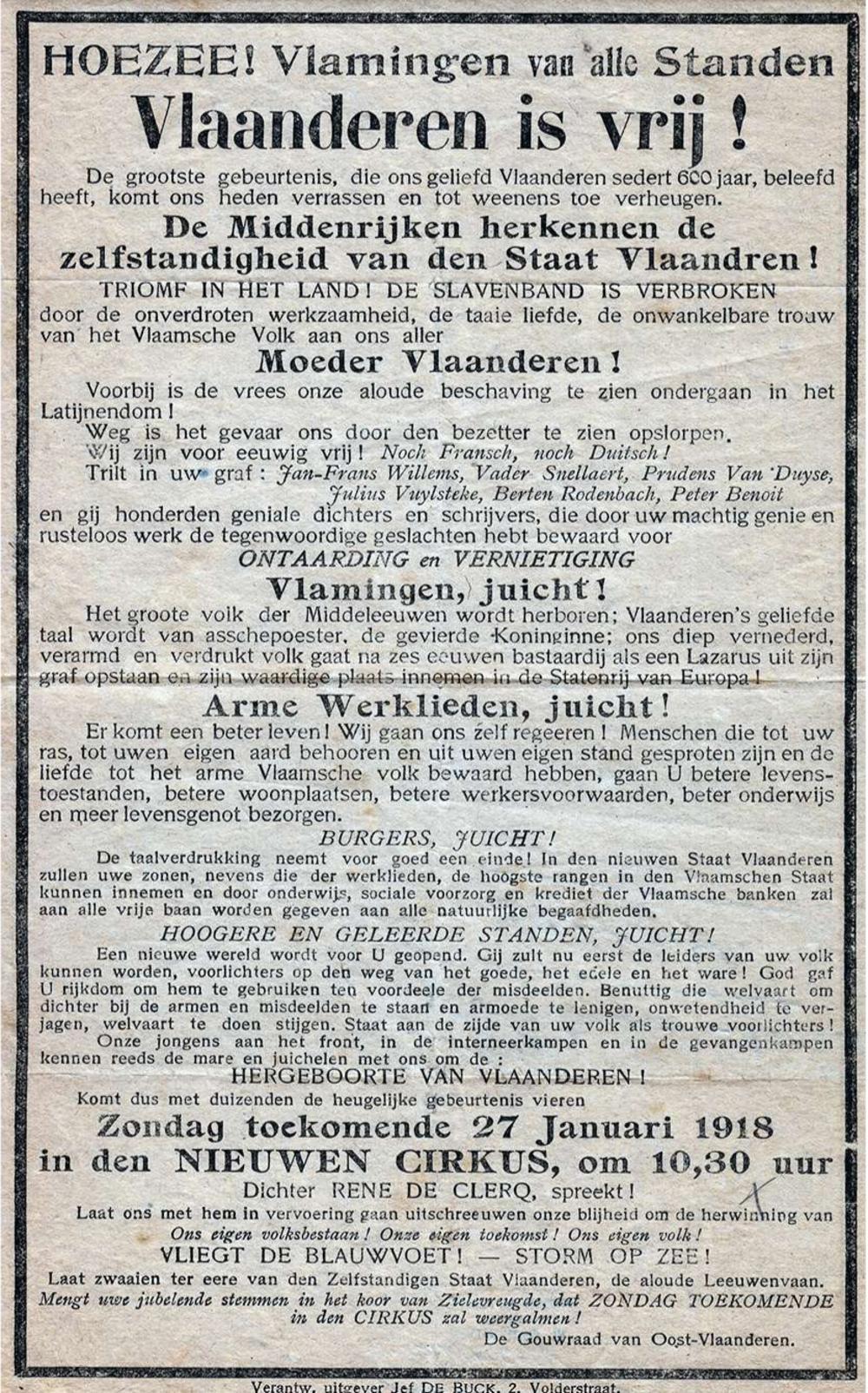 Activistisch pamflet verspreid na de onafhankelijkheidsverklaring door de Raad van Vlaanderen, januari 1918.
