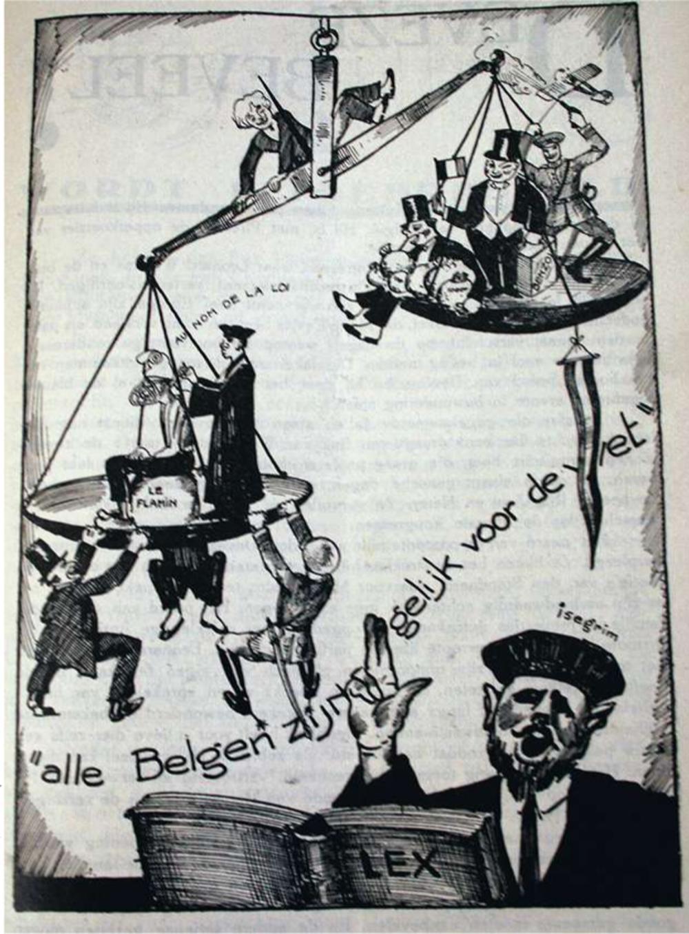 Karikatuur van radicale Vlaamsgezinden die weinig op hebben met de taalwetten die Van Cauwelaert door het parlement kan loodsen. Er zijn te veel achterpoortjes waardoor er nog steeds geen echte gelijkheid is tussen Vlamingen en Franstaligen.